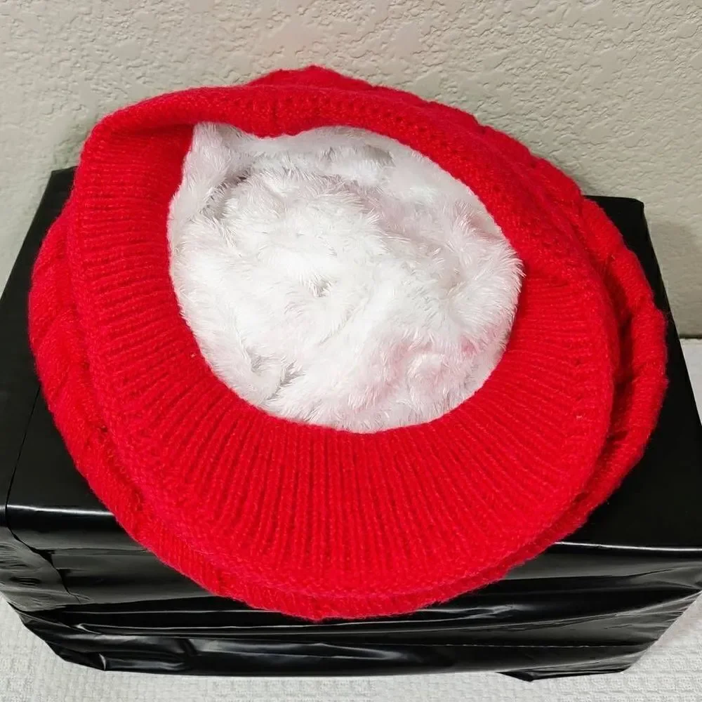 Womens Ribbed Knitted Red Rimmed Slouchy Beanie Hat Cap -E - Picture 3 of 3